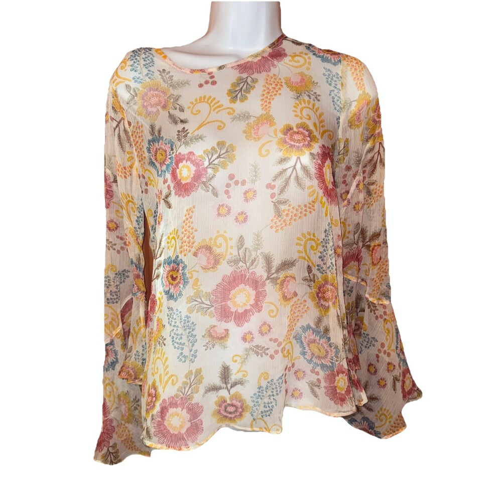 Xs Vince Camuto Floral Blouse-Bell Sleeve Shirt Sheer Flowy White/Pink Feminine
